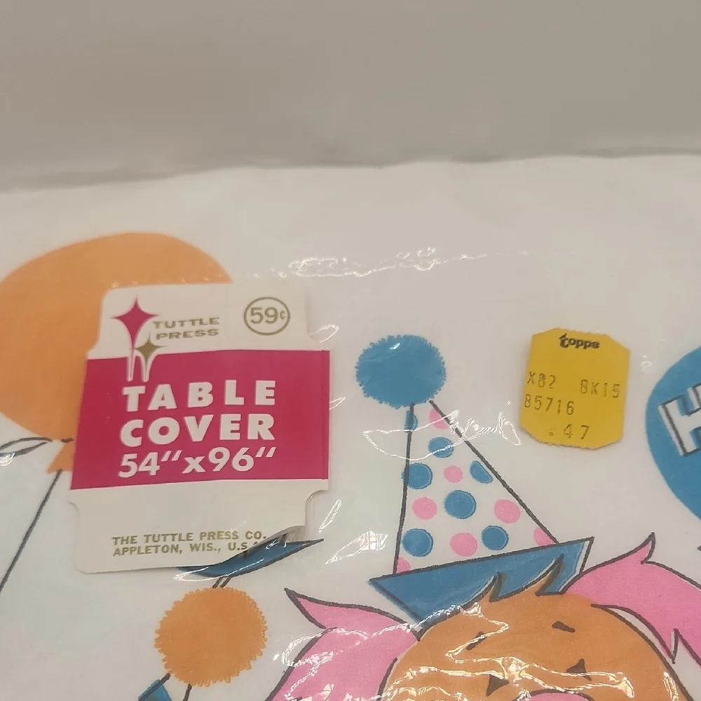 Vintage MCM Happy Birthday Table Cover with Cartoon Animals. New Old Stock.